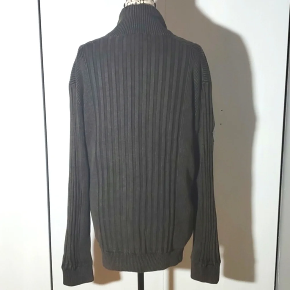 Inc| Mens Dark Gray Sweater Coat Zip Ribbed Neutral Side Pockets Faux Fur SZ.XL
